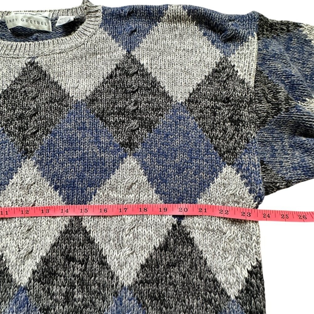 VTG HENRY GRETHEL Sweater Argyle‎ Gray Blue XL Y2K 90s Handframe Knit Abstract - Picture 7 of 12